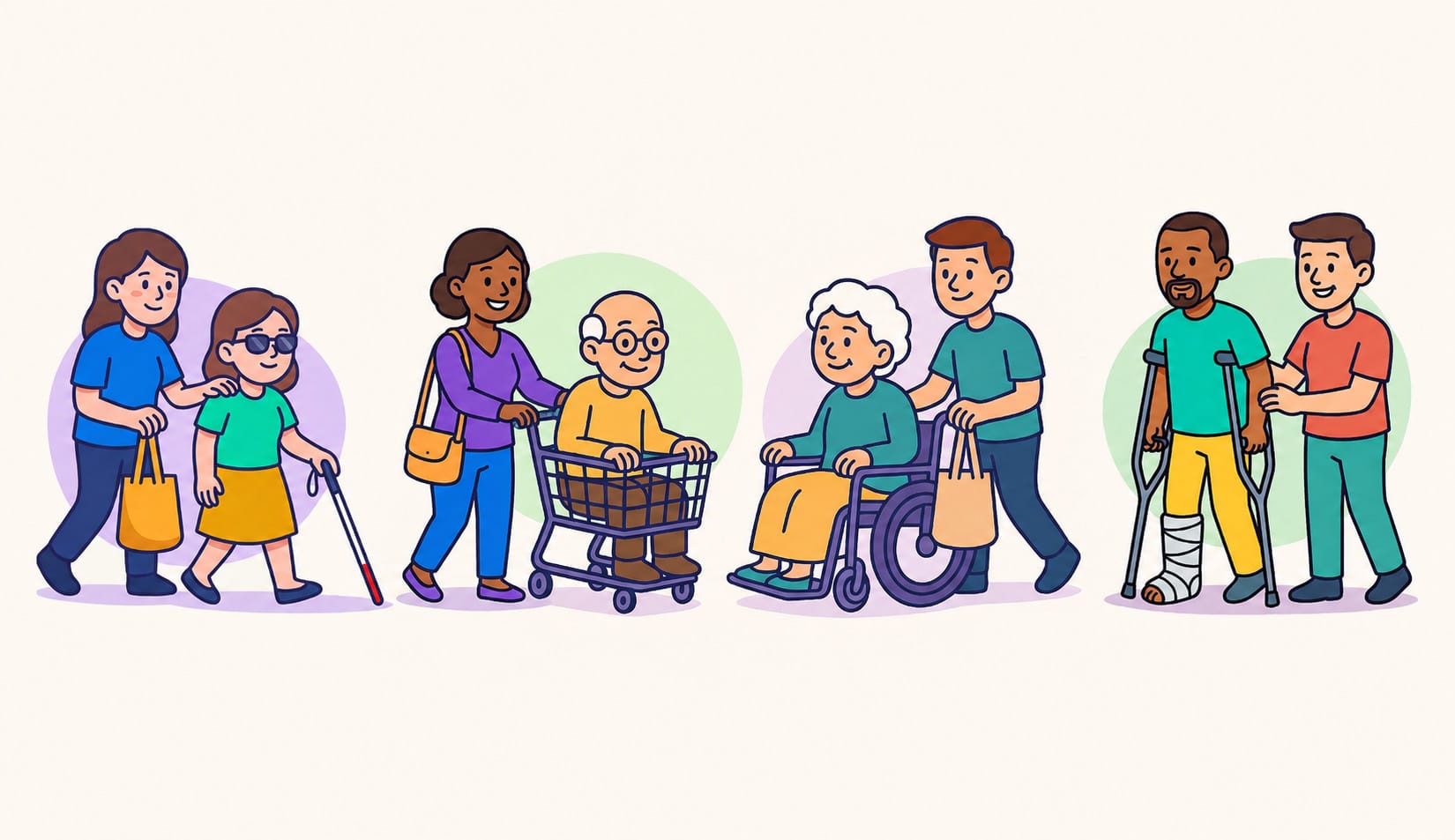 Illustration : des personnes accompagnent des seniors et personnes à mobilité réduite pour leurs courses